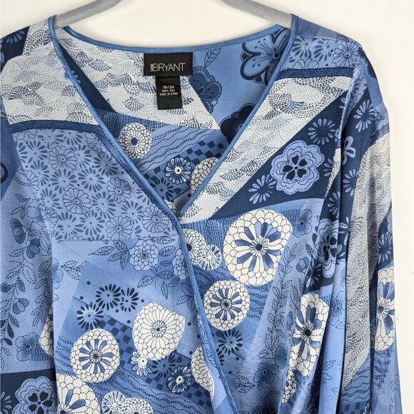 Lane Bryant Blue Silk Floral‎ Wrap Peplum Blouse Size 18/20 Whimsical Fairycore - Picture 2 of 7